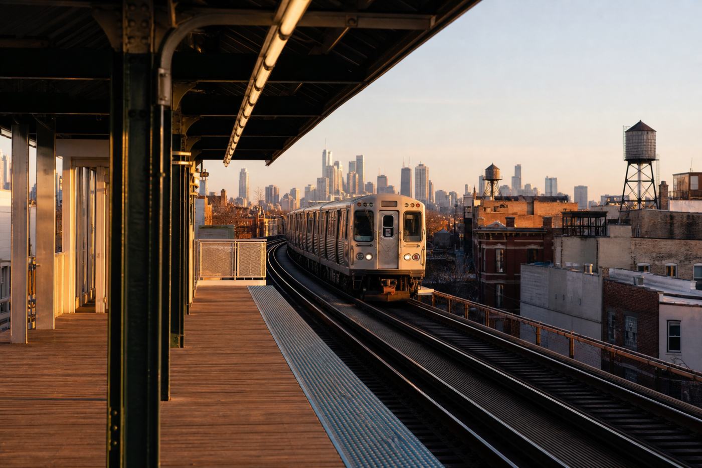 The Damen Blue Line platform in Wicker Park at golden hour, tracks curving toward the Loop with Bucktown rooftops below