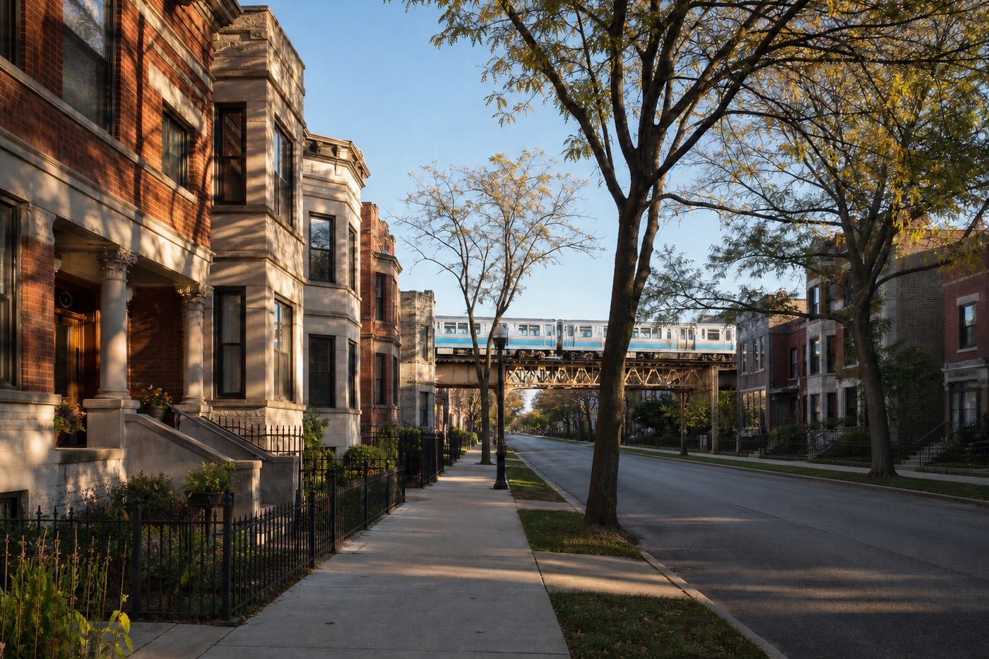 Logan Square two-flats and greystones on Milwaukee Avenue under the Blue Line elevated tracks, early morning